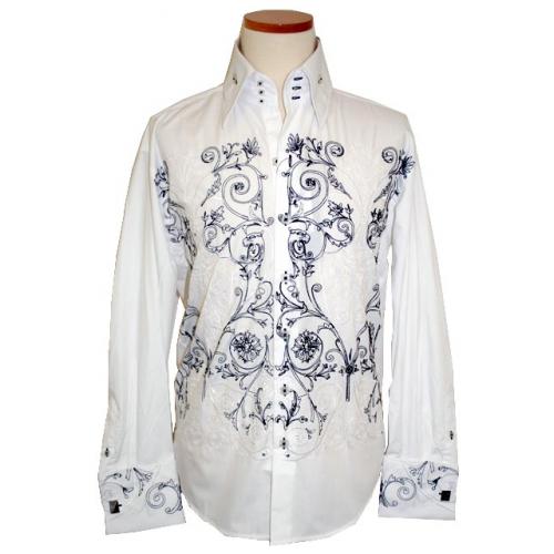 Manzini White with Black/White Embroidered Long Sleeves 100% Cotton Shirt MZ-67